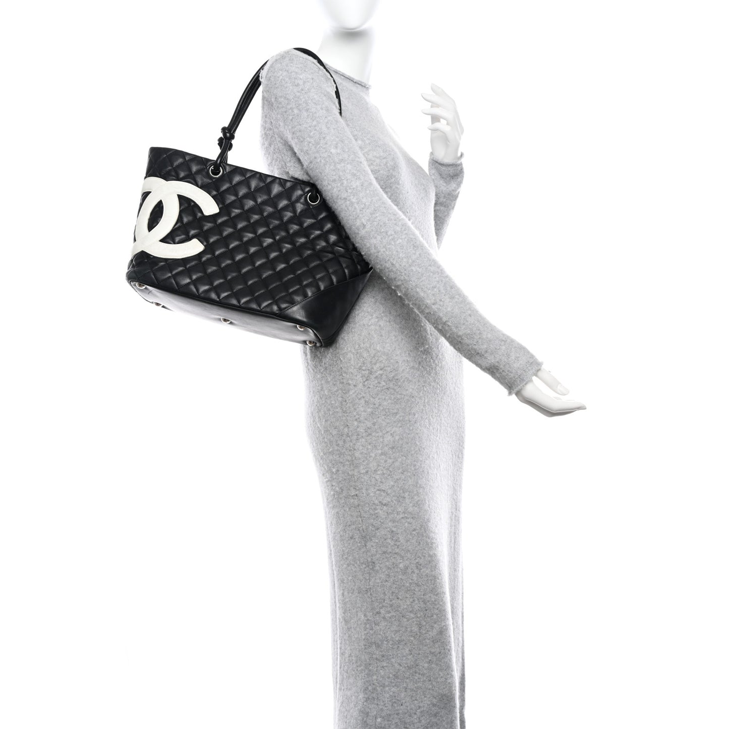 Calfskin Quilted Large Cambon Tote Black White