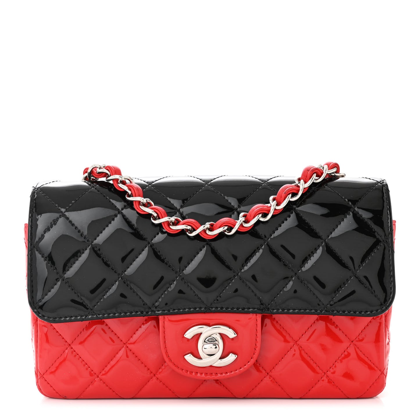 Patent Calfskin Quilted Bi-Color Mini Rectangular Flap Red Black