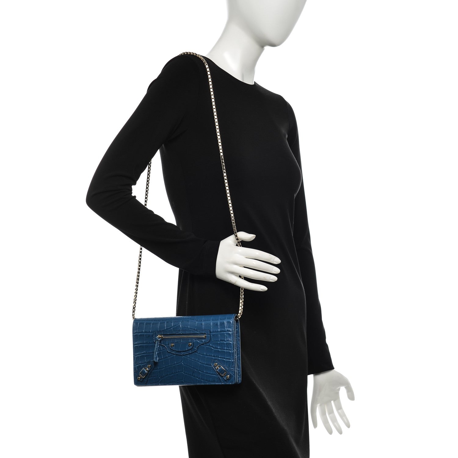 Balenciaga Calfskin Crocodile Embossed Classic Gold Hardware Wallet on Chain Bleu Marine 2 of 7