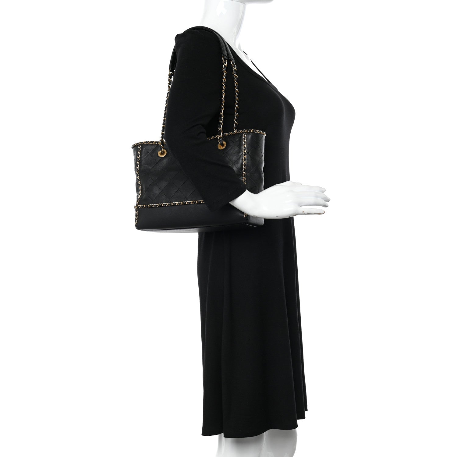 Chanel Calfskin Quilted Chain Lines Shopping Tote Black 2 of 11
