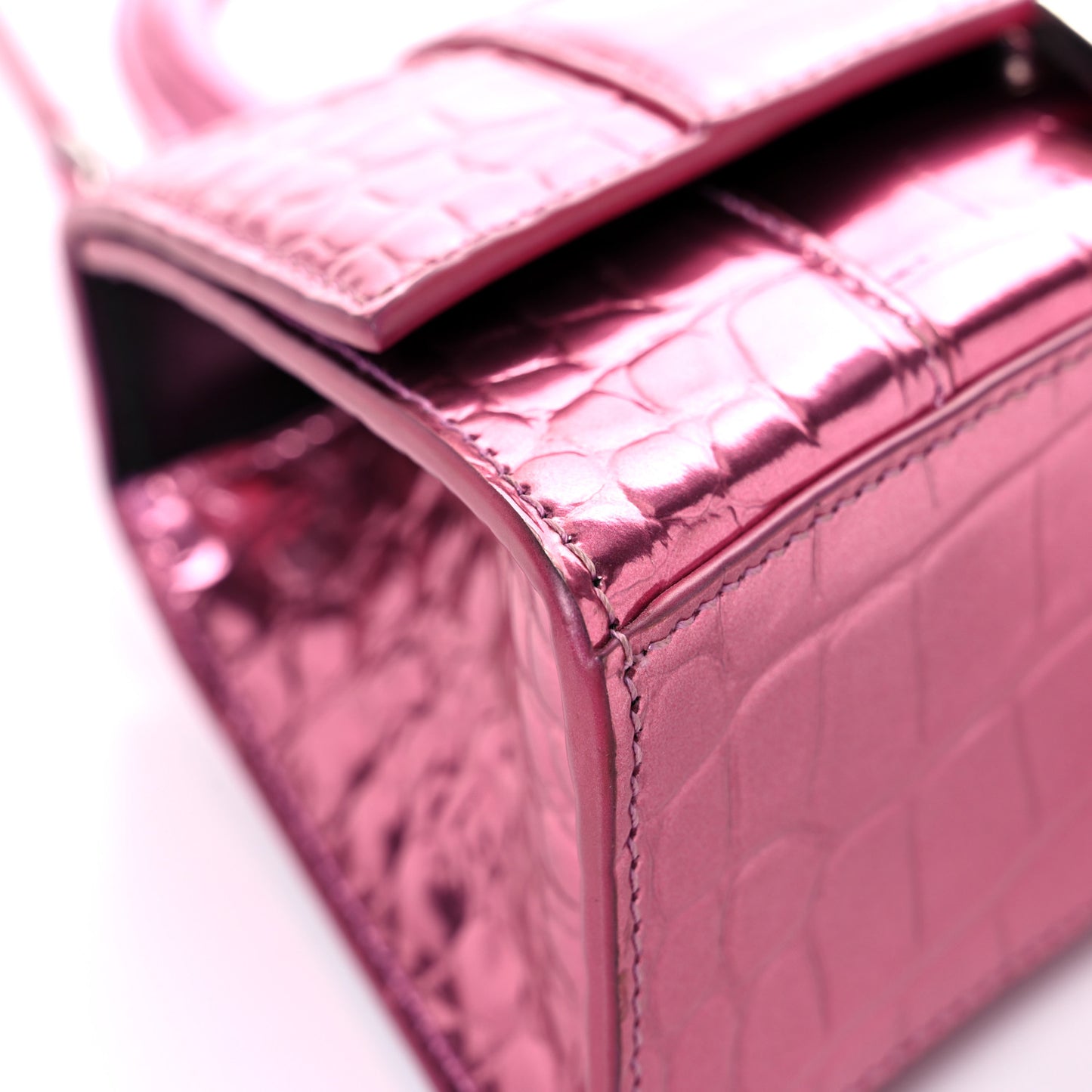 Metallic Shiny Calfskin Crocodile Embossed Hourglass Top Handle Bag XS Pink