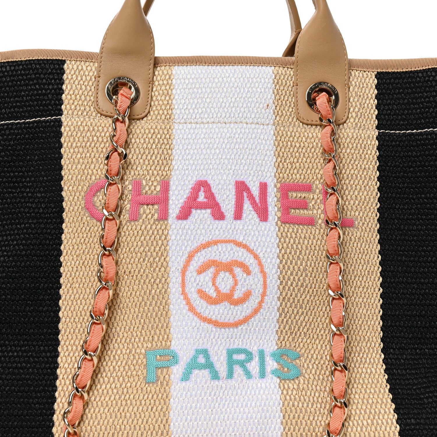Chanel Straw Raffia Calfskin Striped Medium Deauville Tote Black Beige Ivory 8 of 10