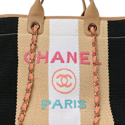 Chanel Straw Raffia Calfskin Striped Medium Deauville Tote Black Beige Ivory 8 of 10