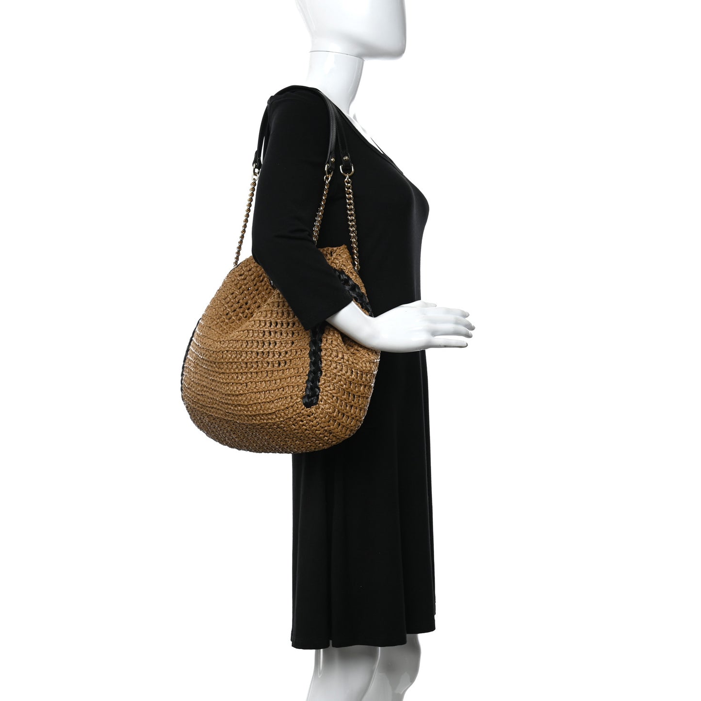 Raffia Effect Large GG Marmont Shoulder Tote Bag Natural Black