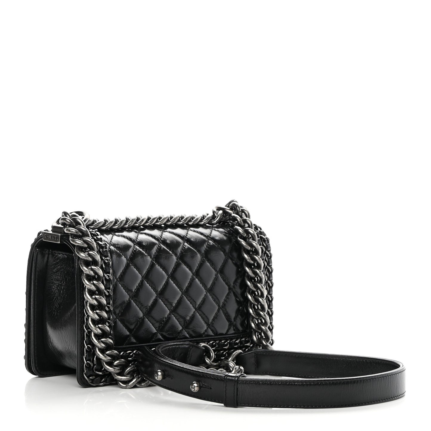 Glazed Calfskin Quilted Small Boy Chained Flap Black