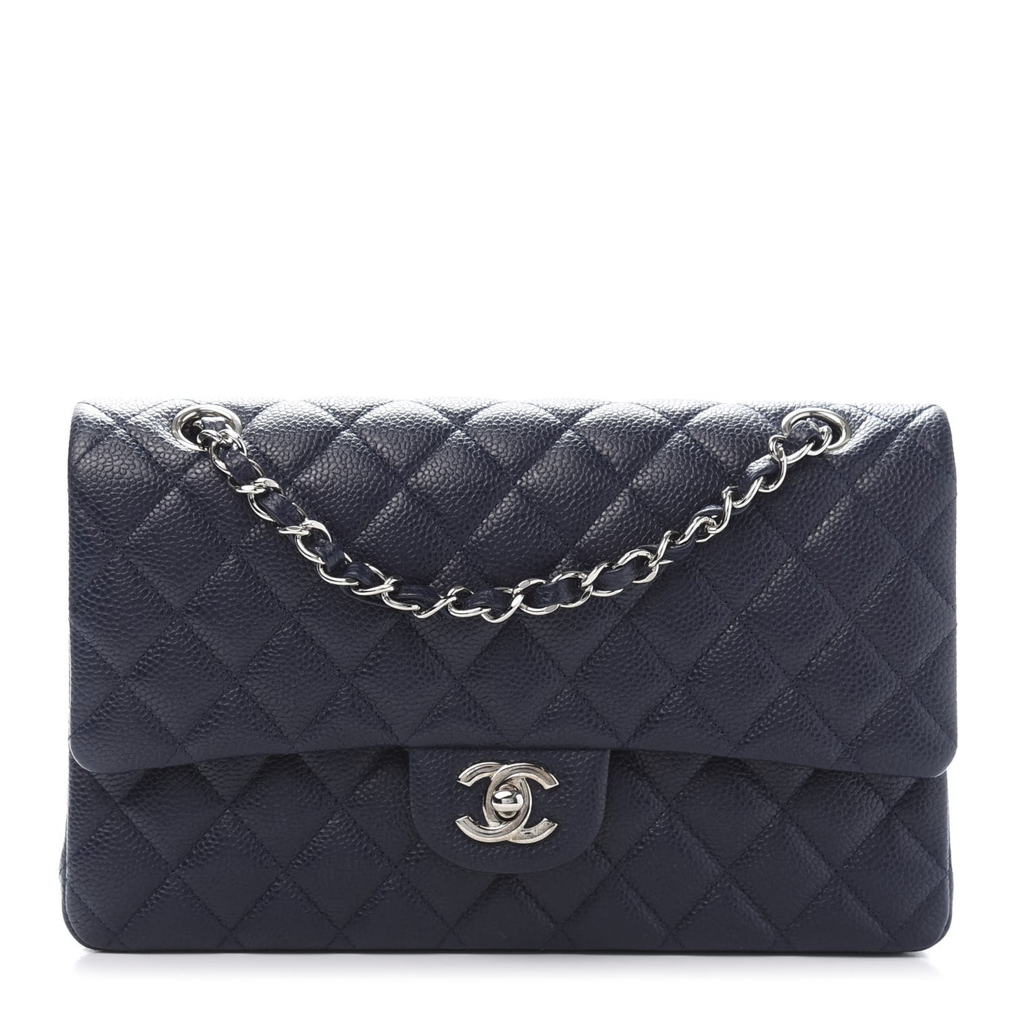 Caviar Quilted Medium Double Flap Dark Blue