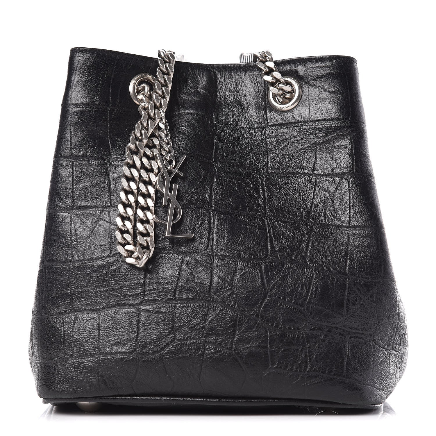 Saint Laurent Calfskin Crocodile Embossed Baby Emmanuelle Bucket Bag Black 1 of 10