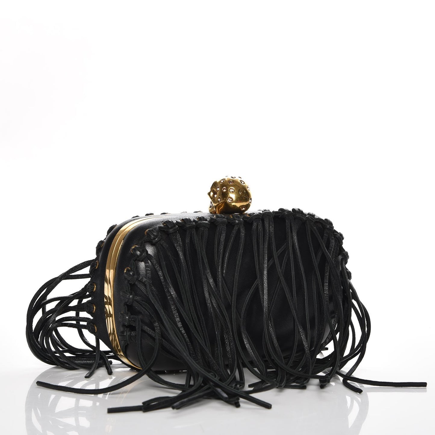 Calfskin Fringe Crystal Skull Box Clutch Black