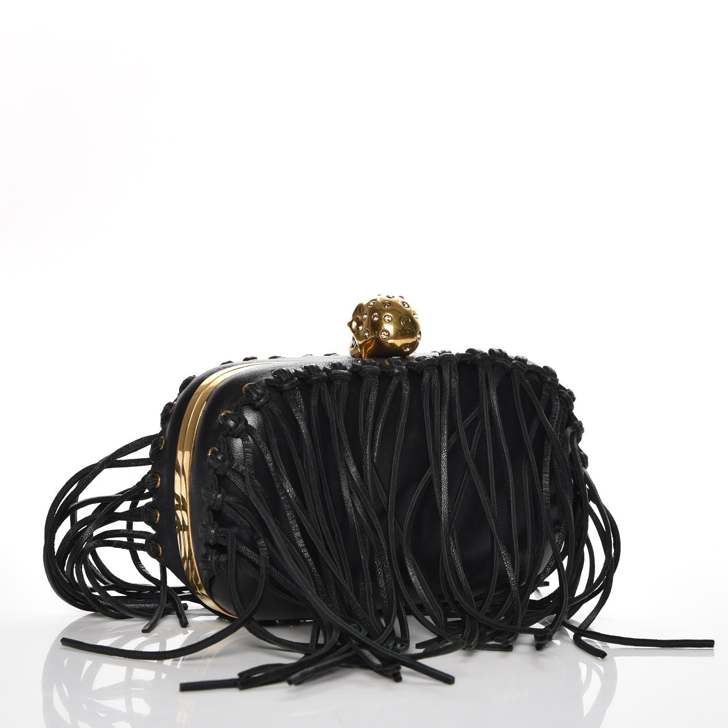 Alexander McQueen Calfskin Fringe Crystal Skull Box Clutch Black 3 of 7