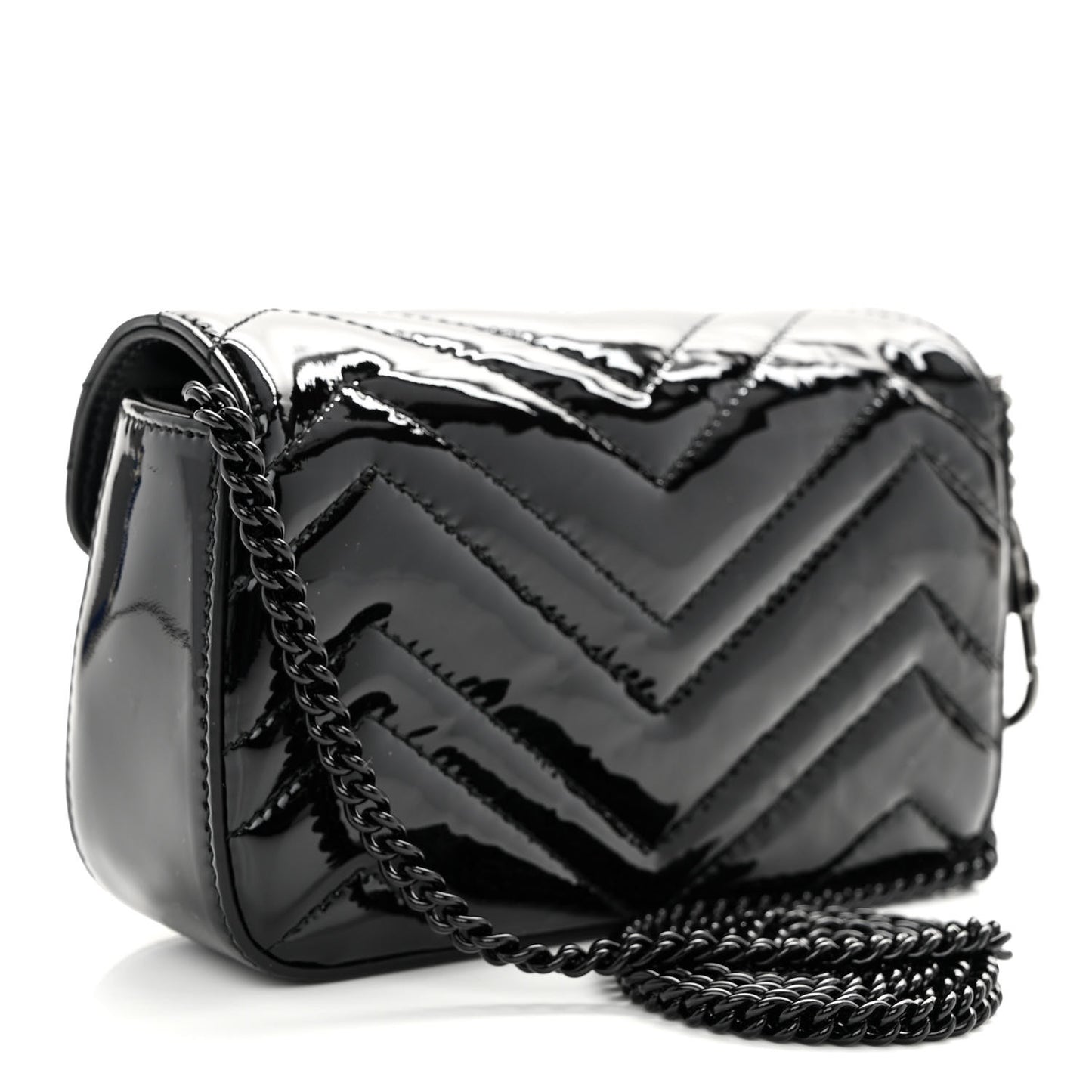 Patent Lambskin Enamel Matelasse Monochrome Super Mini GG Marmont Shoulder Bag Black