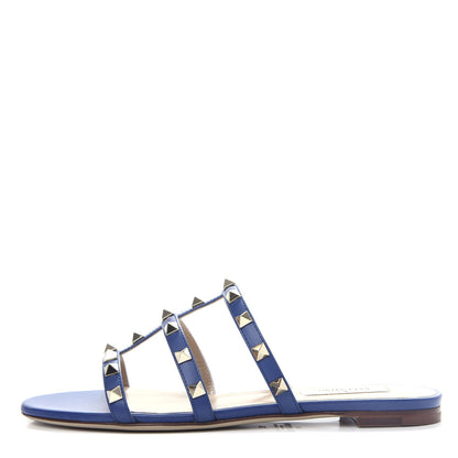Valentino Garavani Calfskin Rockstud Caged Flat Slide Sandals 36 Blu Delft 1 of 11