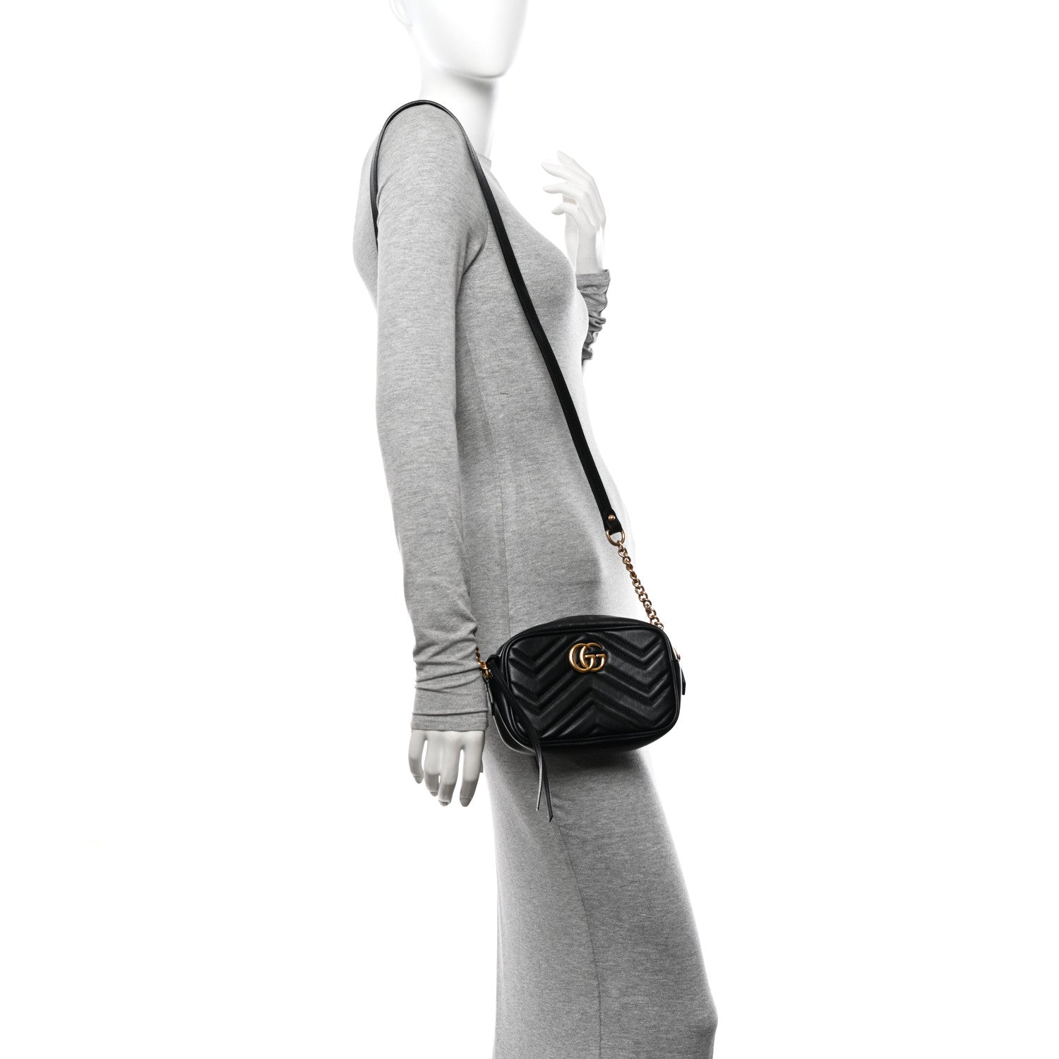 Gucci Calfskin Matelasse Mini GG Marmont Chain Shoulder Bag Black 2 of 11