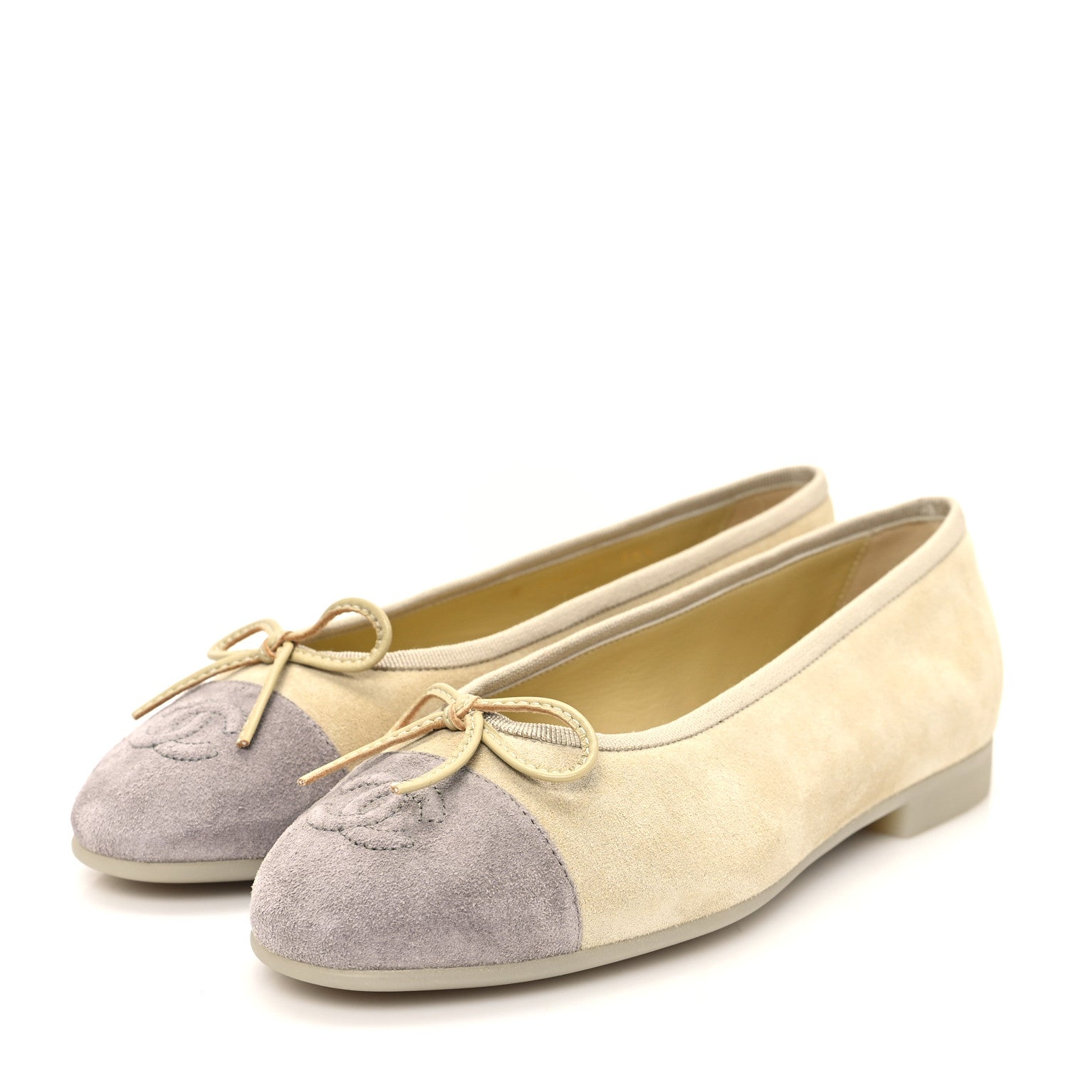 Chanel Suede Cap Toe CC Ballerina Flats 36.5 Light Yellow Gray 4 of 9