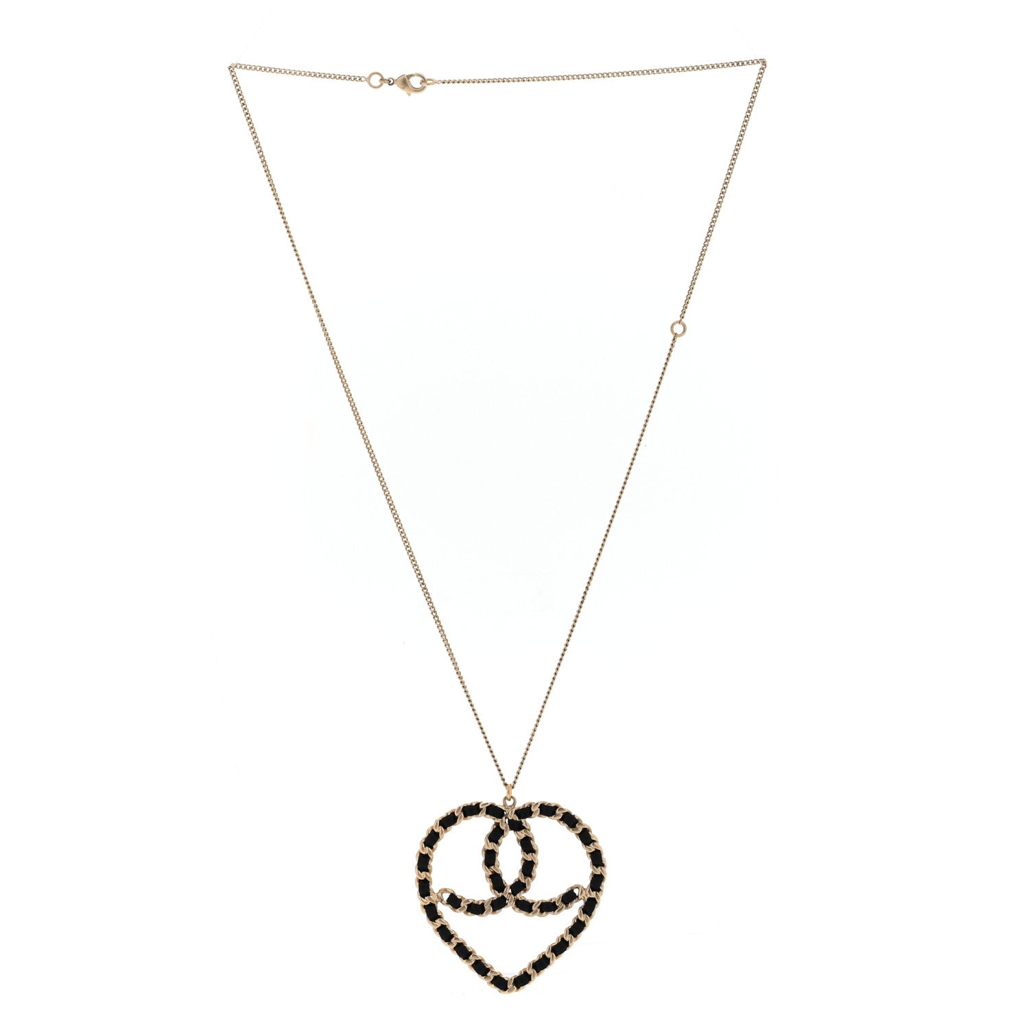 Chanel Satin CC Heart Chain Necklace Black Light Gold 3 of 5