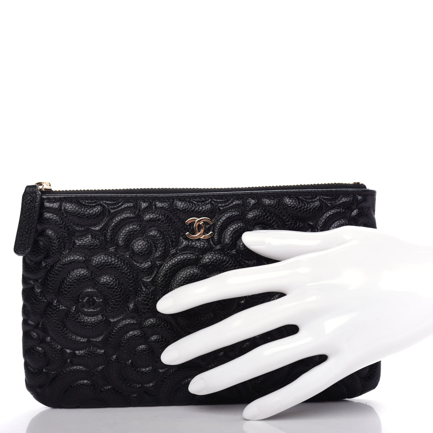Chanel Caviar Camellia Embossed Cosmetic Pouch Black 2 of 8