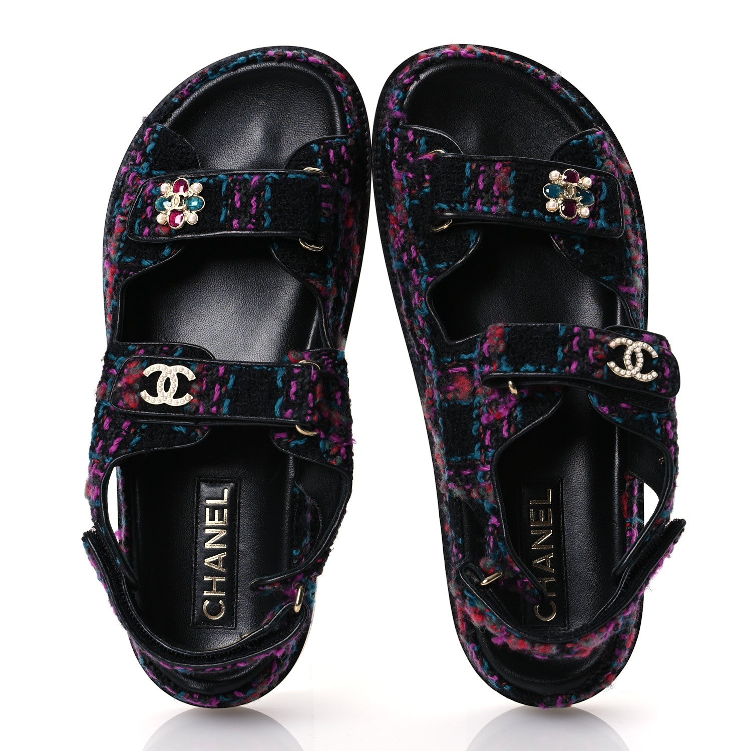 Chanel Wool Tweed Velcro Dad Sandals 41 Black Purple Green Red 2 of 16