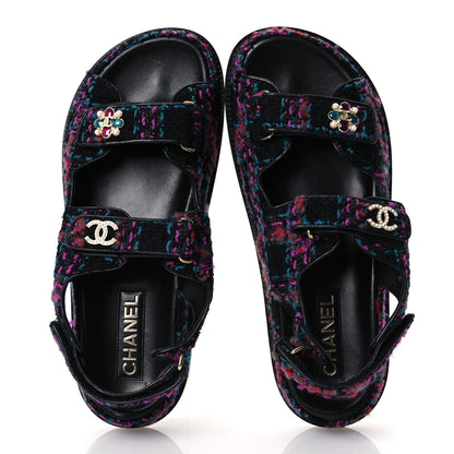 Chanel Wool Tweed Velcro Dad Sandals 41 Black Purple Green Red 2 of 16