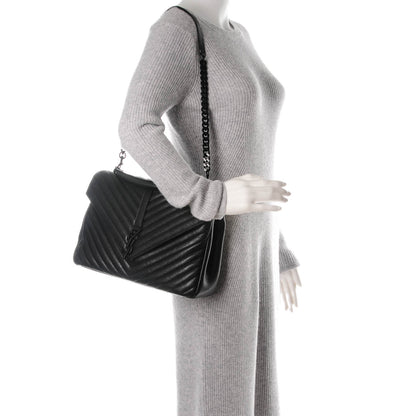 Saint Laurent Sheepskin Matelasse Chevron Monogram Monochrome Large College Satchel Black 2 of 6