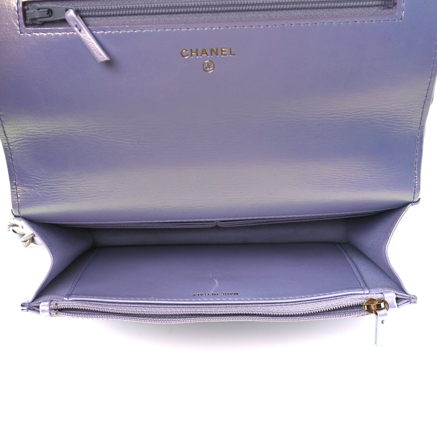 Iridescent Calfskin Quilted Chanel 19 Wallet On Chain WOC Light Purple