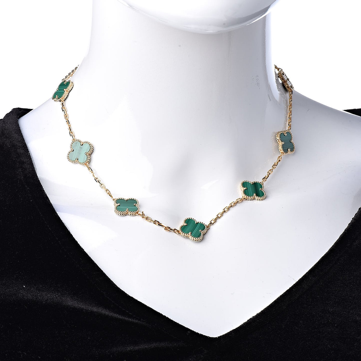 18K Yellow Gold Malachite 10 Motifs Vintage Alhambra Necklace