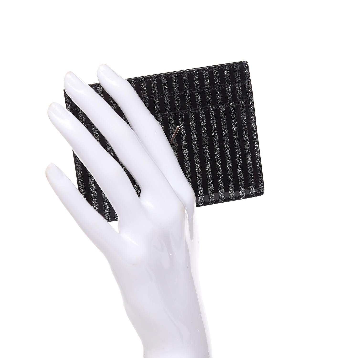 Saint Laurent Patent Glitter Striped Monogram Credit Card Case Black Silver 2 of 8