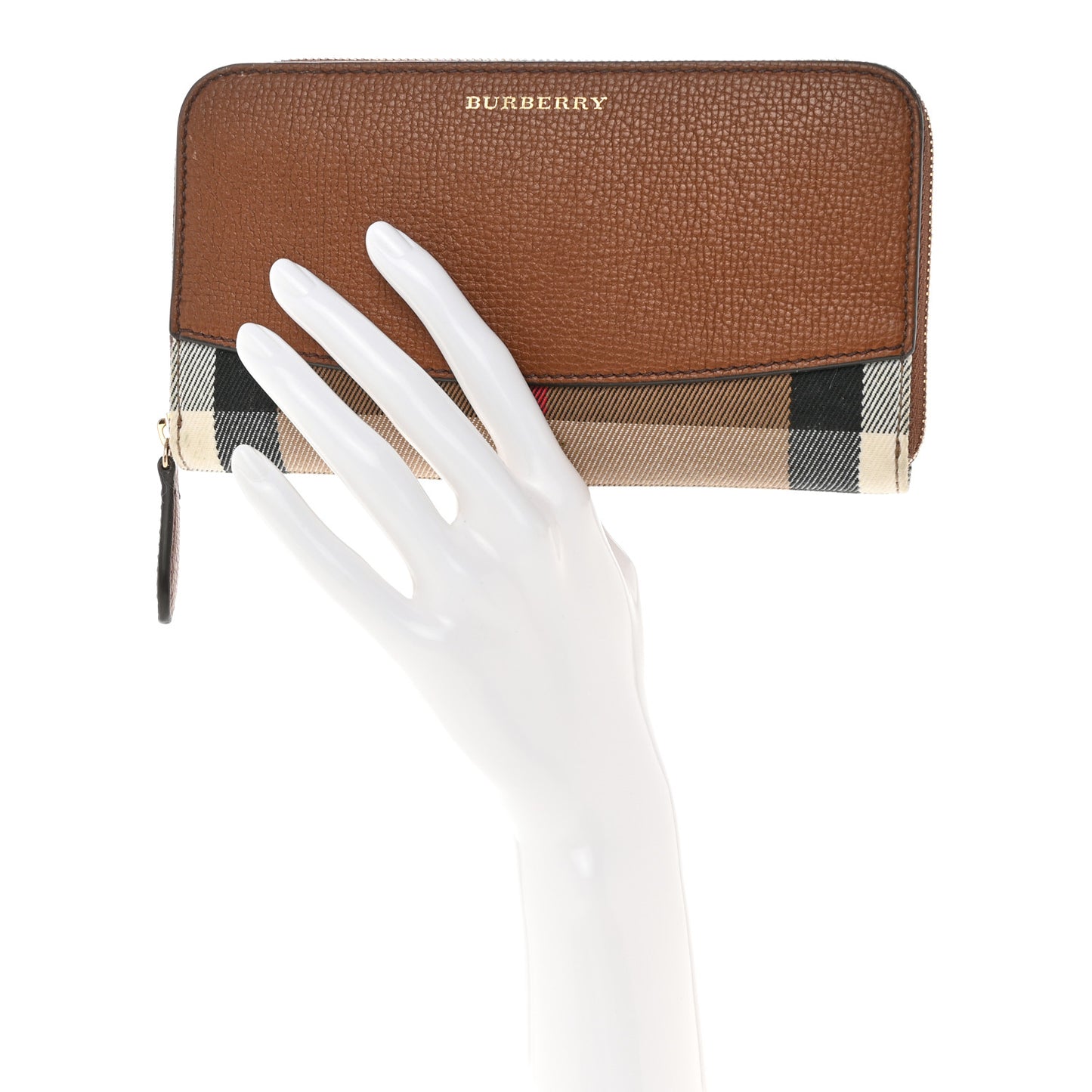 Calfskin House Check Elmore Zip Around Wallet Tan