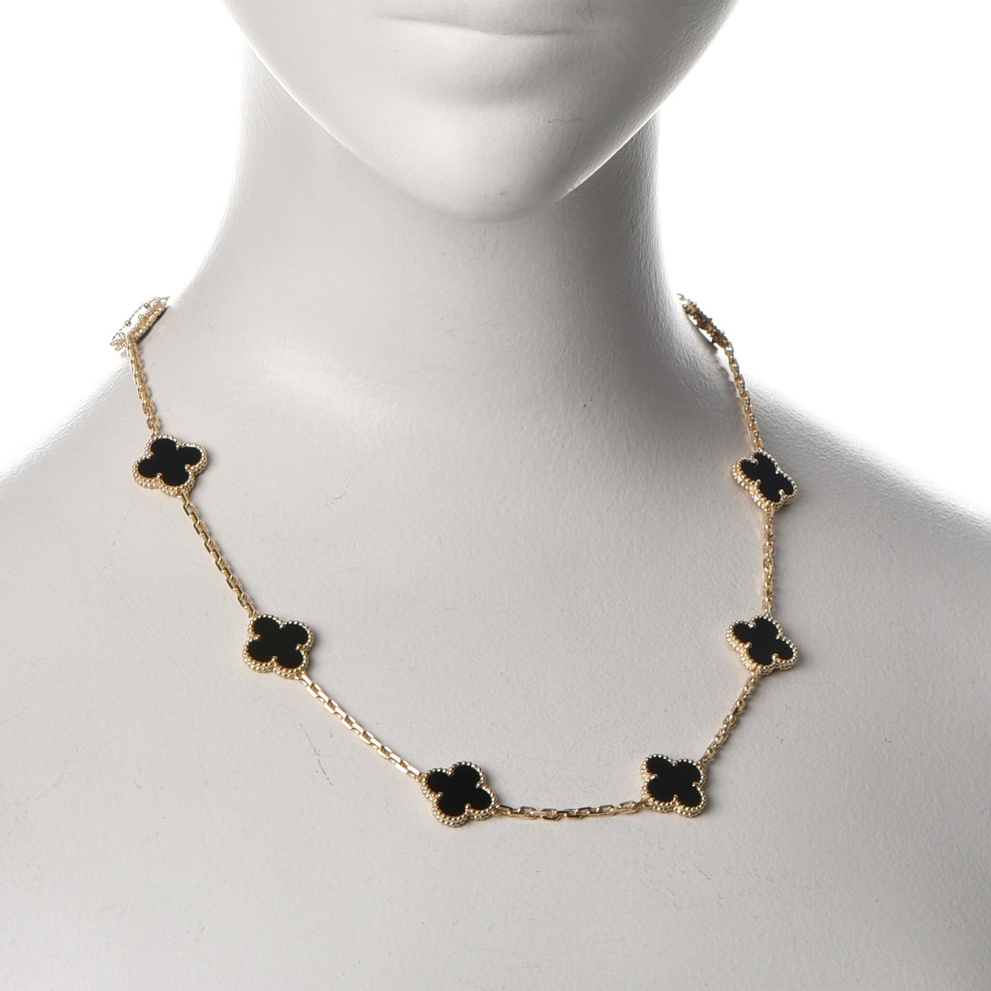 18K Yellow Gold Black Onyx 10 Motifs Vintage Alhambra Necklace