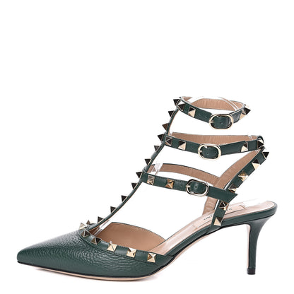 Valentino Garavani Pebbled Calfskin Rockstud Ankle Strap 65mm Pumps 37.5 English Green 1 of 11