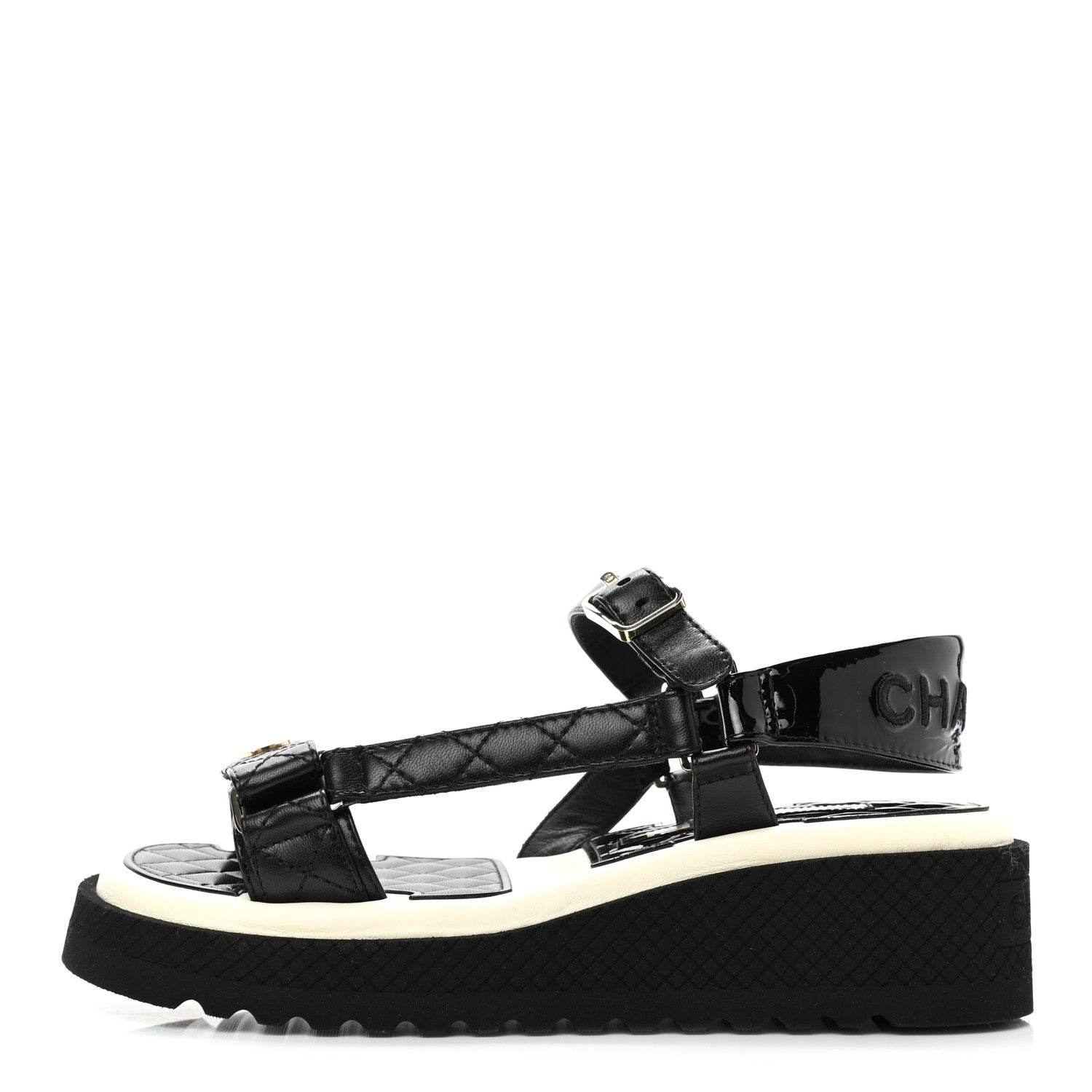 Chanel Lambskin Patent Logo Platform Sandals 36 Black 1 of 8