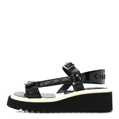 Chanel Lambskin Patent Logo Platform Sandals 36 Black 1 of 8