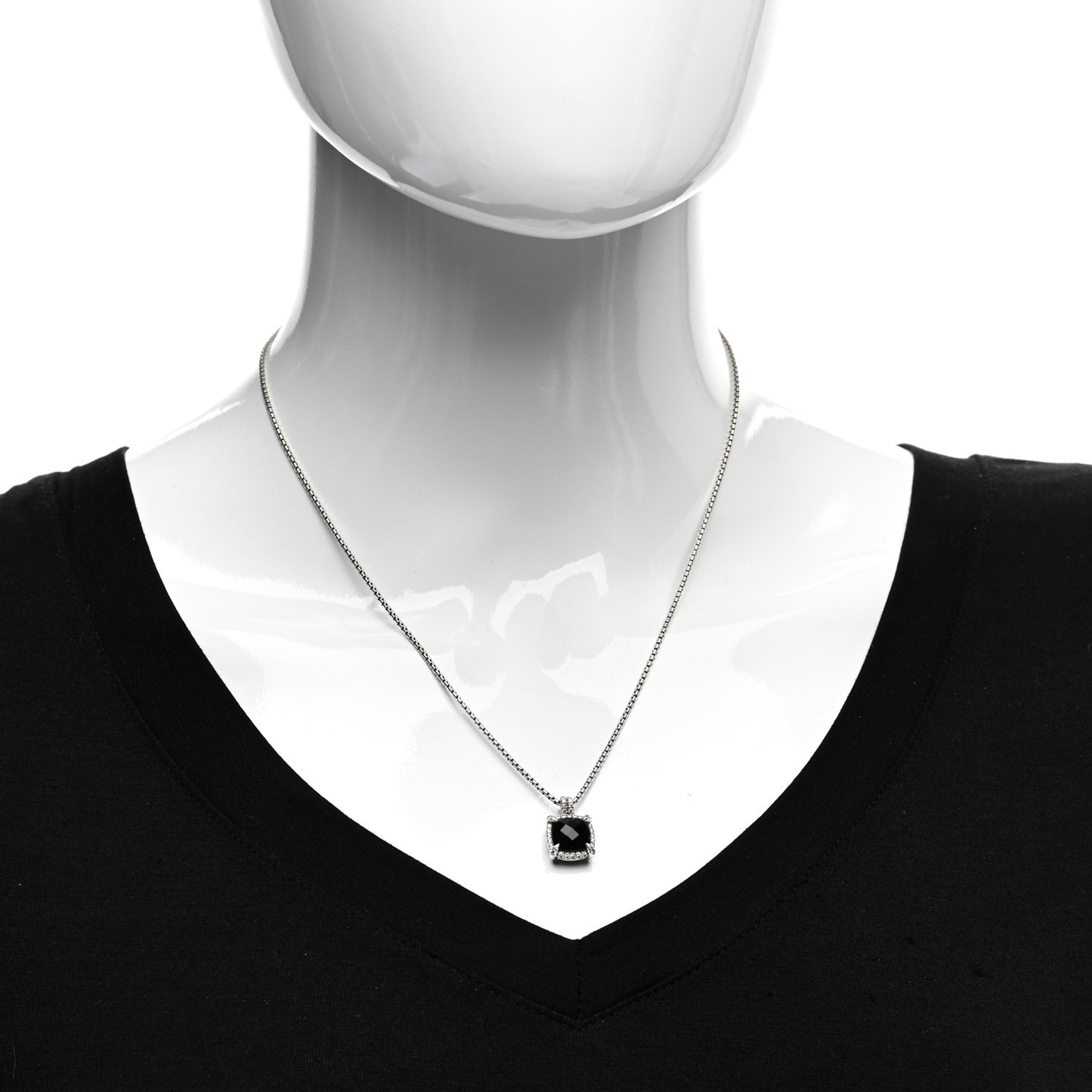 Sterling Silver Diamond Black Onyx 9mm Chatelaine Pave Bezel Pendant Necklace