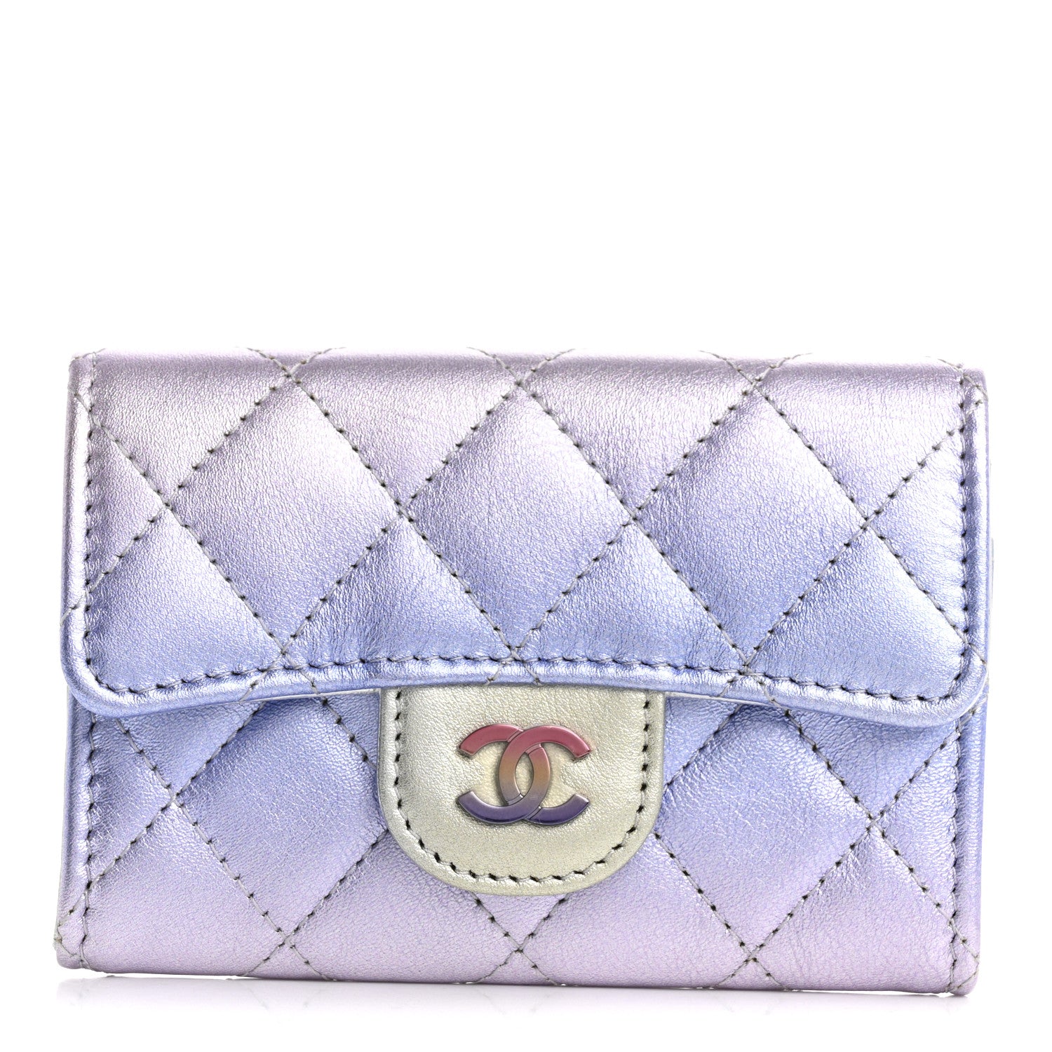 Chanel Gradient Metallic Calfskin Quilted Flap Card Holder Wallet Silver Blue Yellow Purple 1 of 8