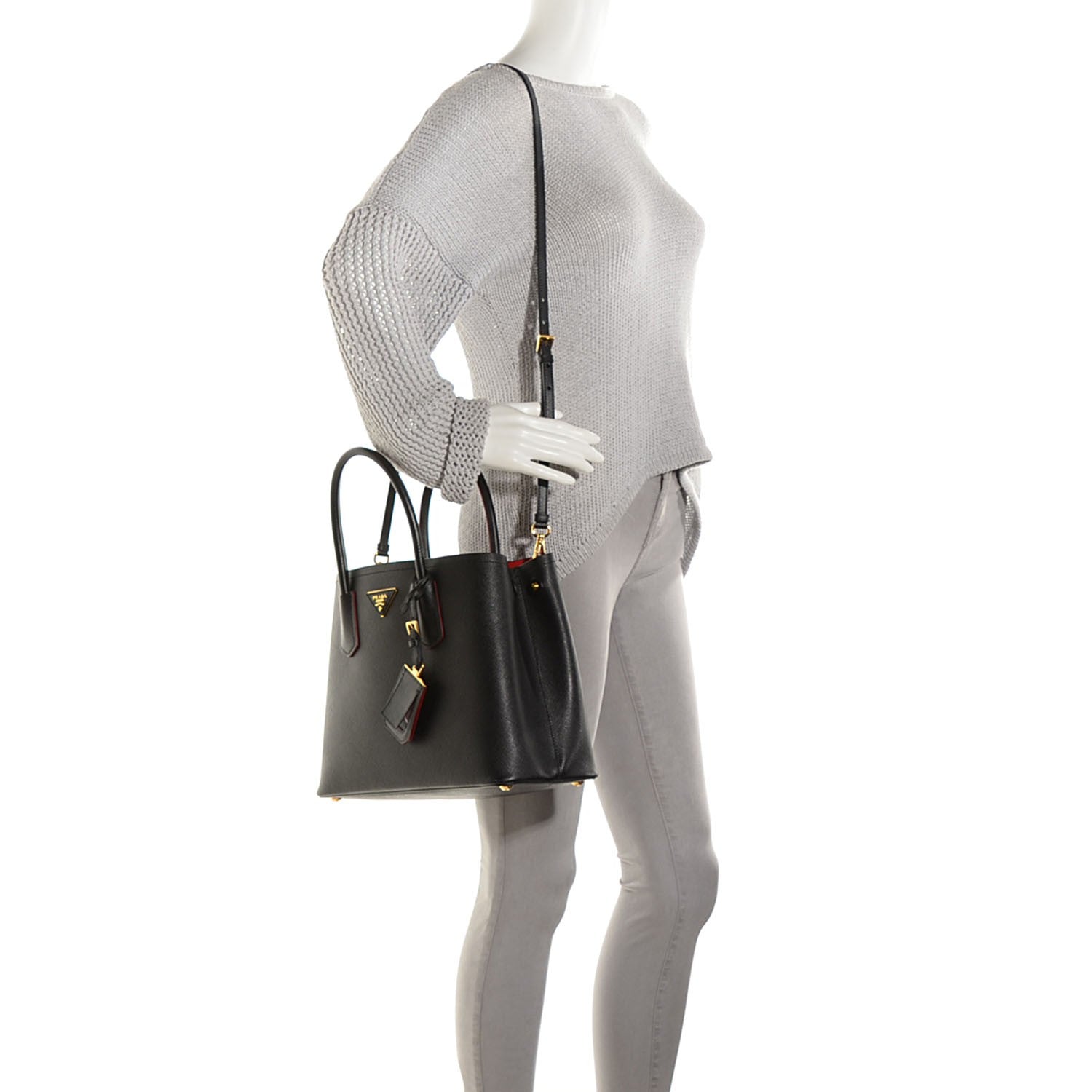 Prada Saffiano Cuir Small Double Bag Black Ciliegia 2 of 10