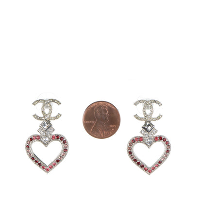 Chanel Crystal Heart CC Drop Earrings Silver 2 of 4
