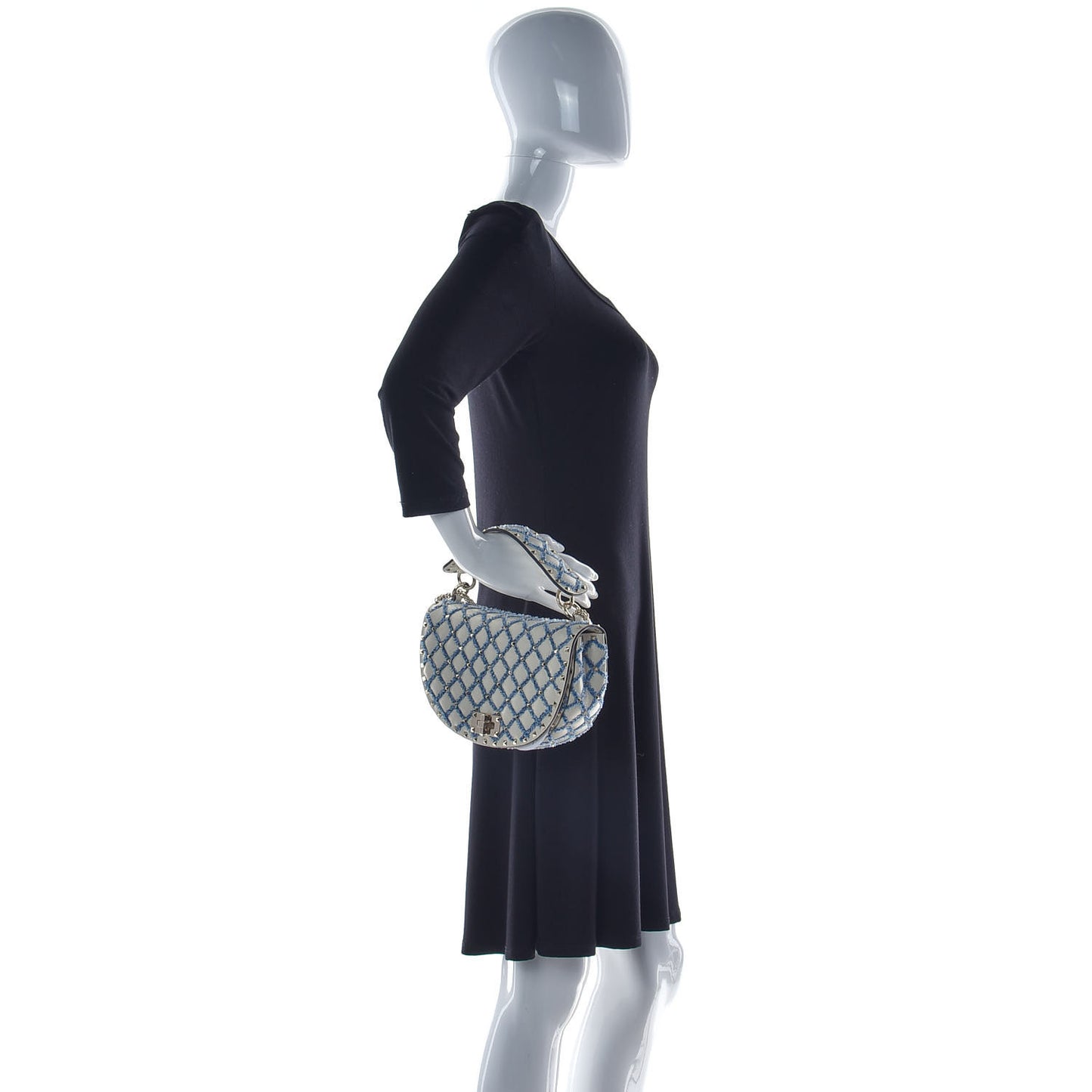 Nappa Denim Medium Rockstud Spike Halfmoon Saddle Bag Ivory Blue