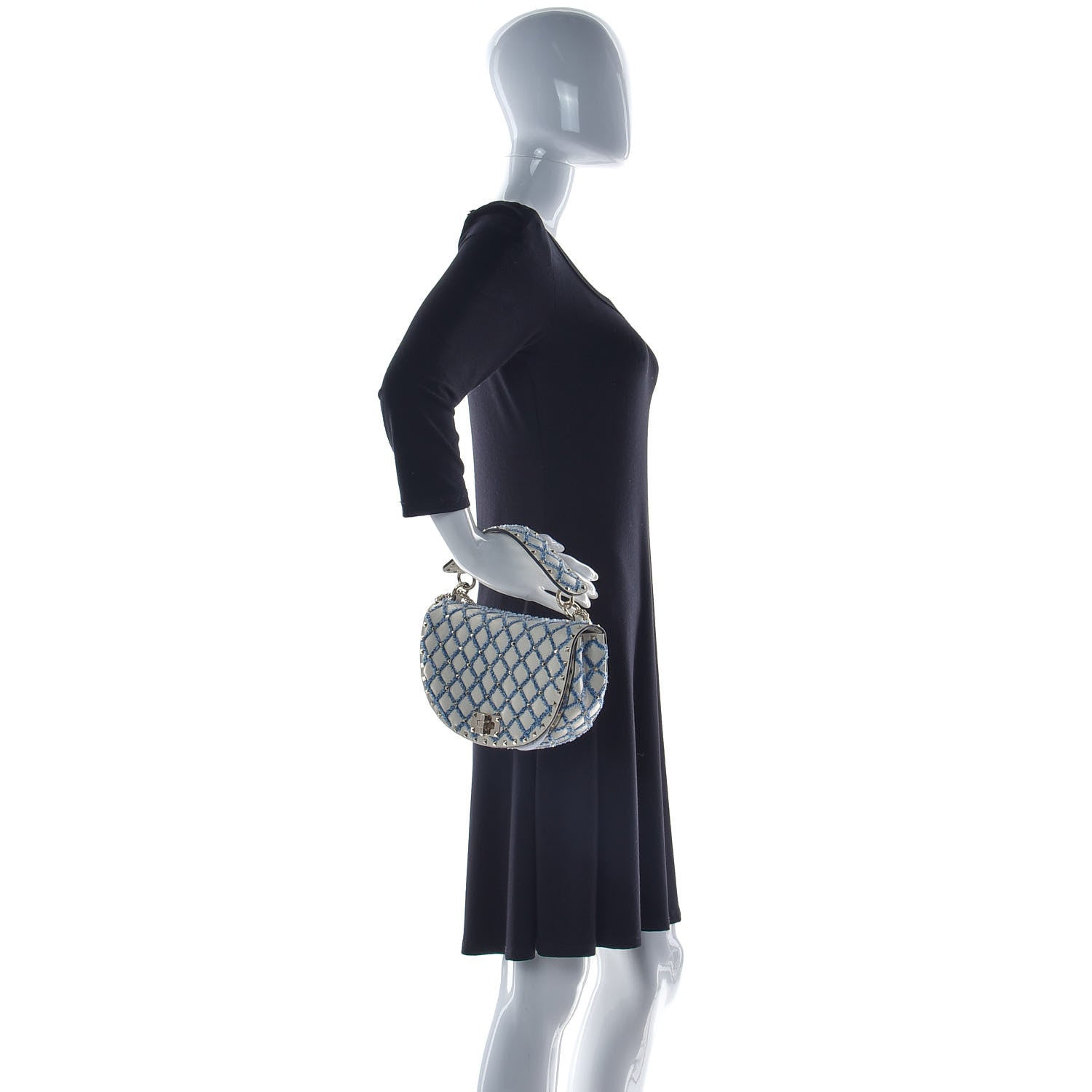 Valentino Garavani Nappa Denim Medium Rockstud Spike Halfmoon Saddle Bag Ivory Blue 2 of 14