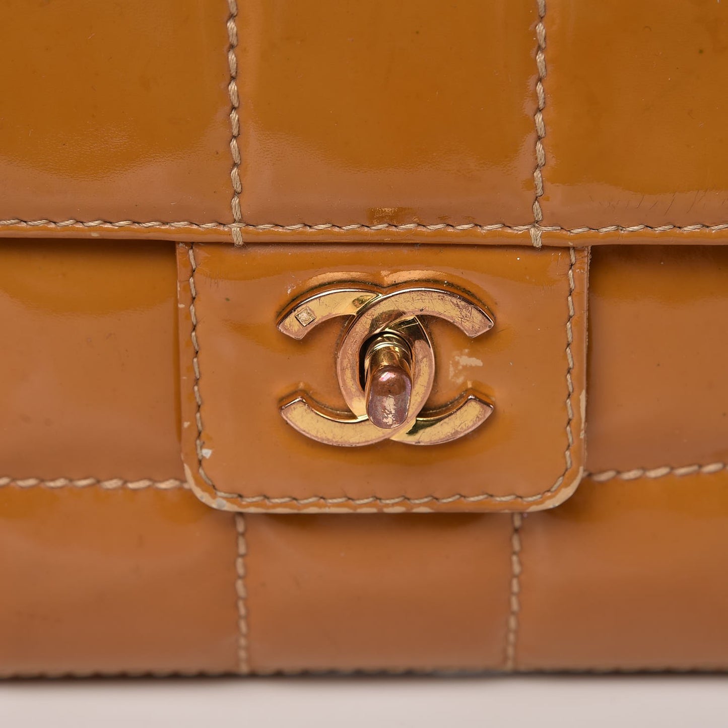 Patent Quilted Medium Chocolate Bar Flap Tan