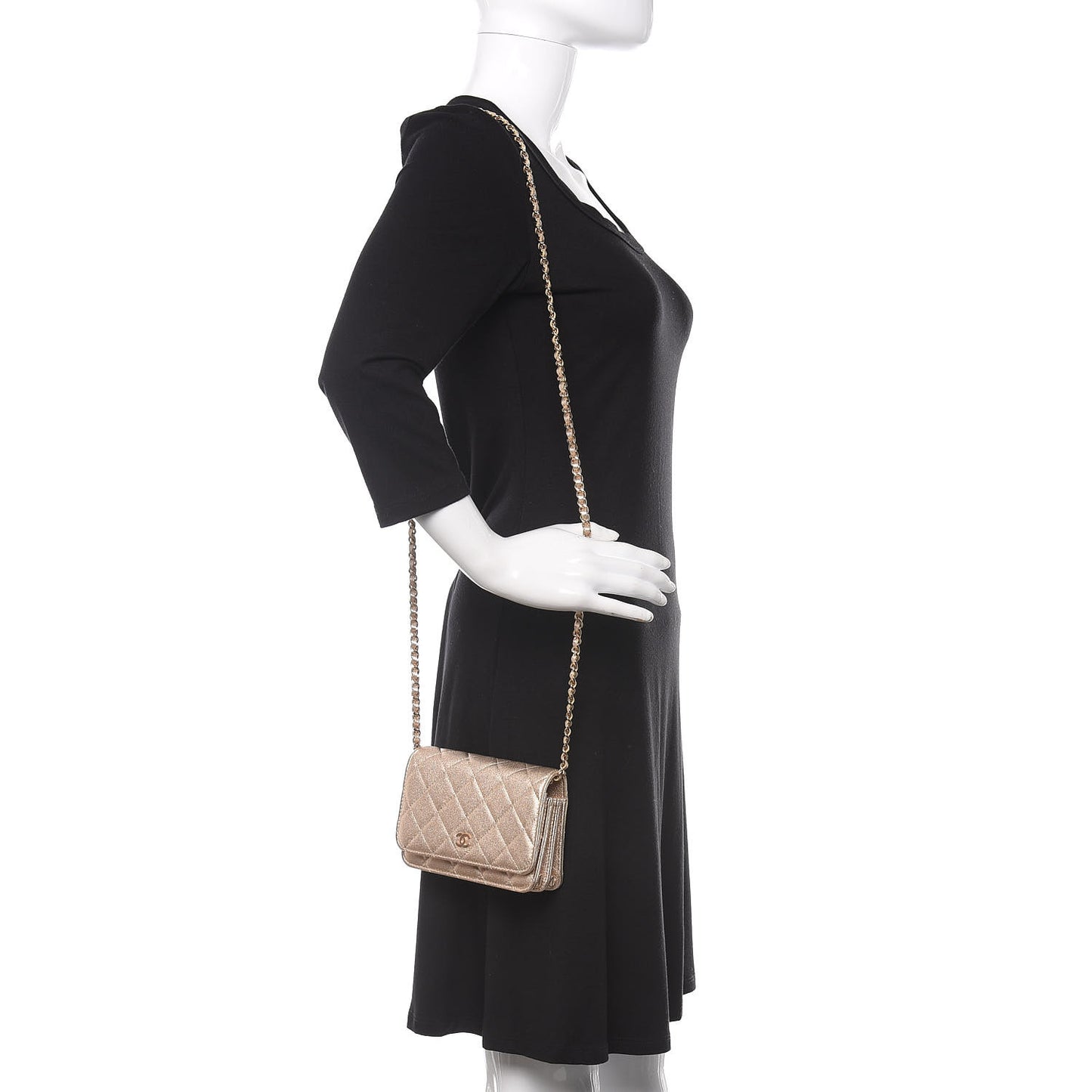 Metallic Lambskin Quilted Mini Wallet On Chain WOC Gold