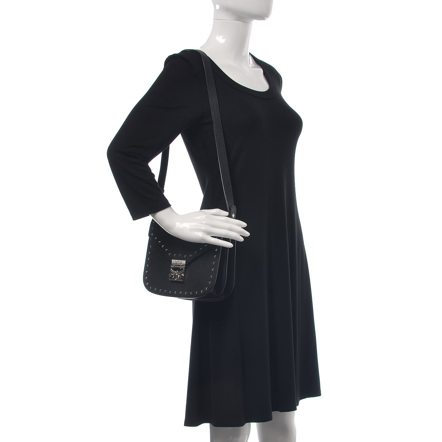 Calfskin Studded Outline Patricia Shoulder Bag Black