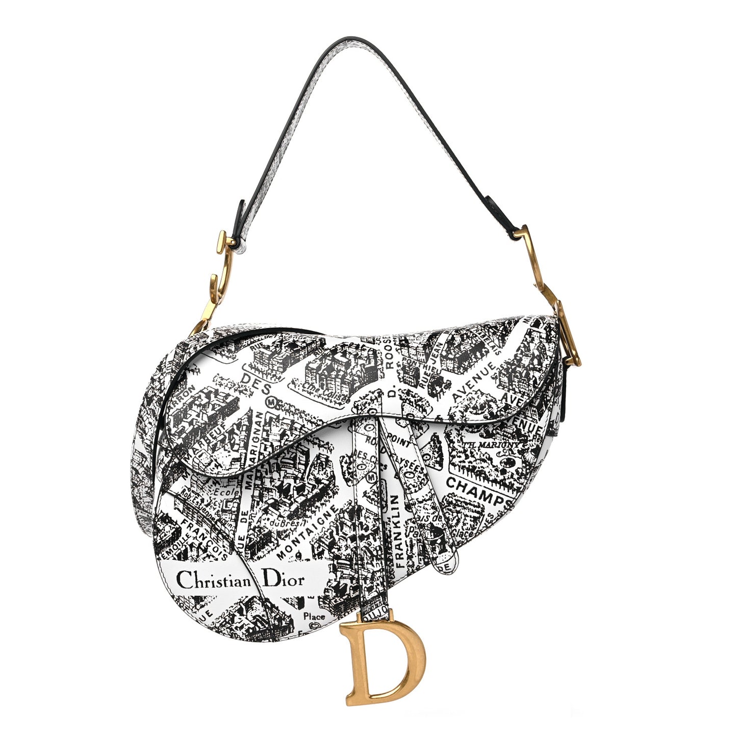 Calfskin Plan De Paris Printed Saddle Bag With Strap White Black