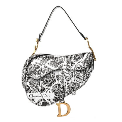 Christian Dior Calfskin Plan De Paris Printed Saddle Bag With Strap White Black 1 of 10