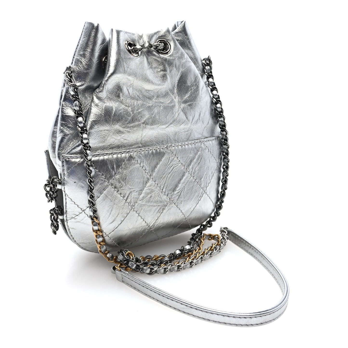 Metallic Aged Calfskin Quilted Small Gabrielle Bucket Silver