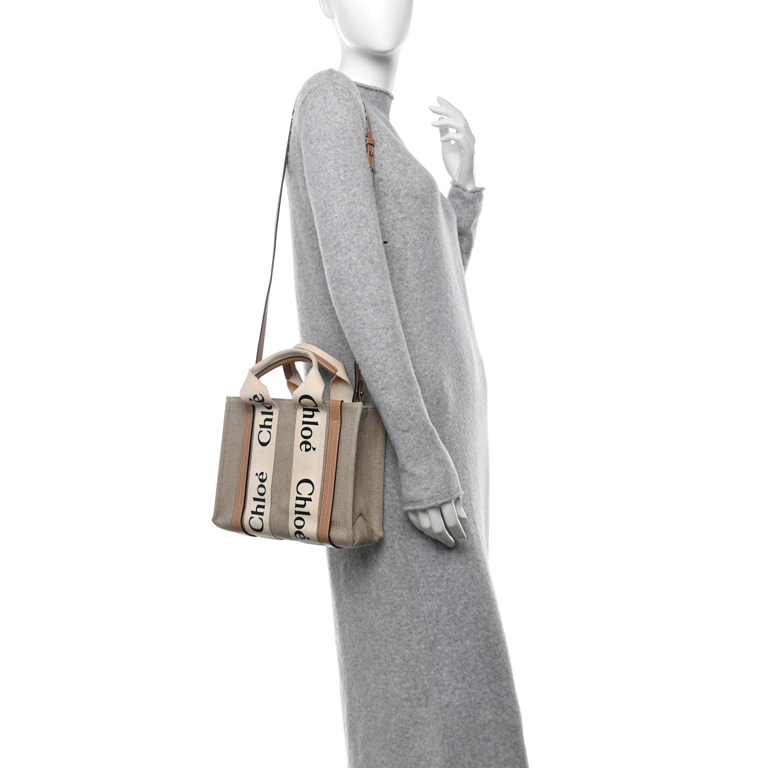 Chloe Linen Calfskin Small Woody Ribbon Tote With Strap White Light Brown 2 of 10