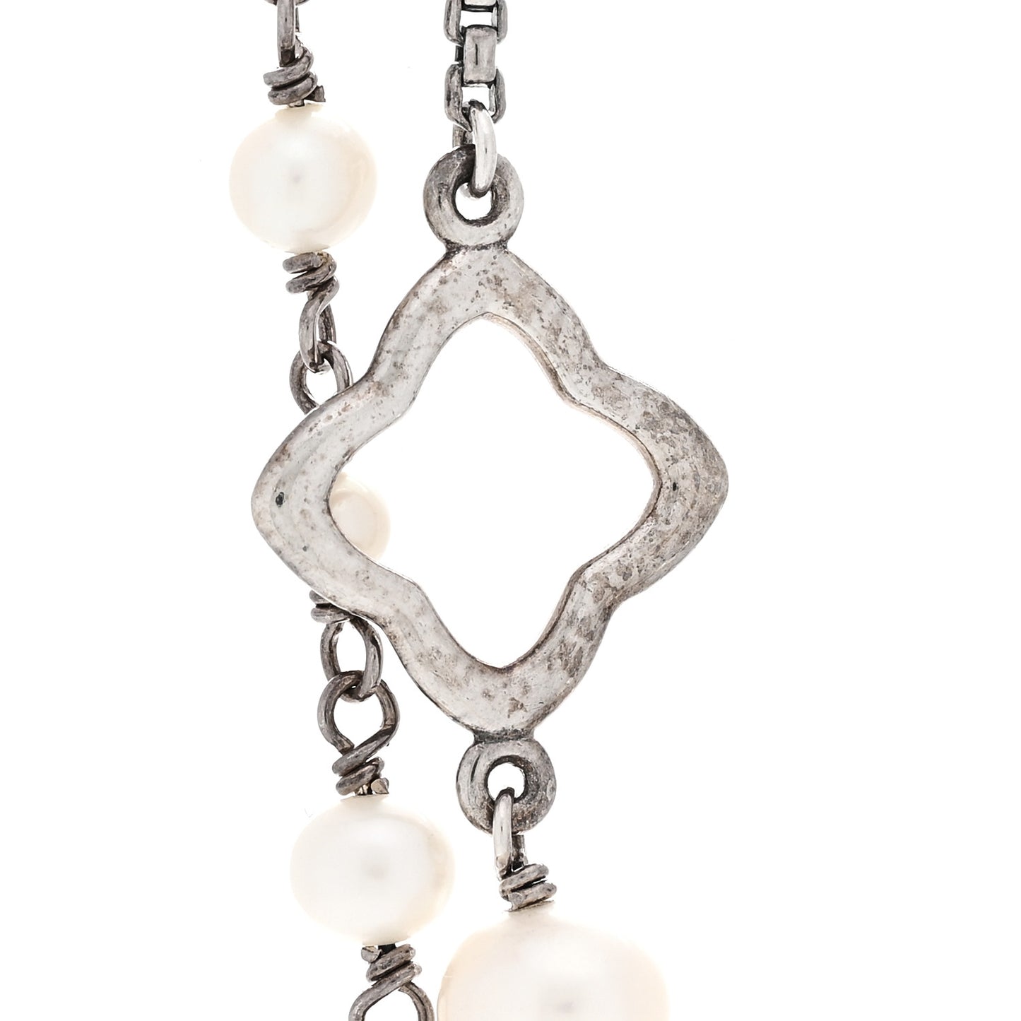 Sterling Silver Pearl 9mm Quatrefoil Long Chain Necklace