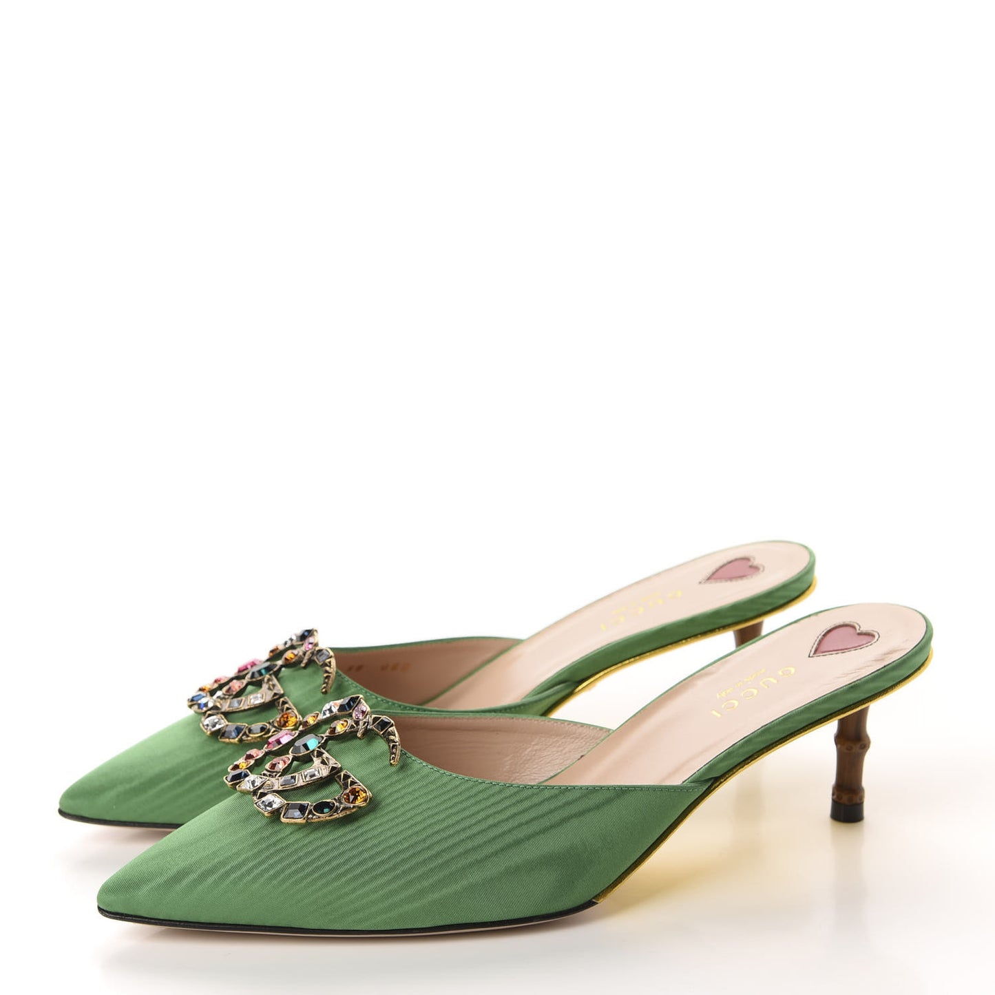 Moire Fabric Crystal GG Embellished Mules 38 New Shamarock