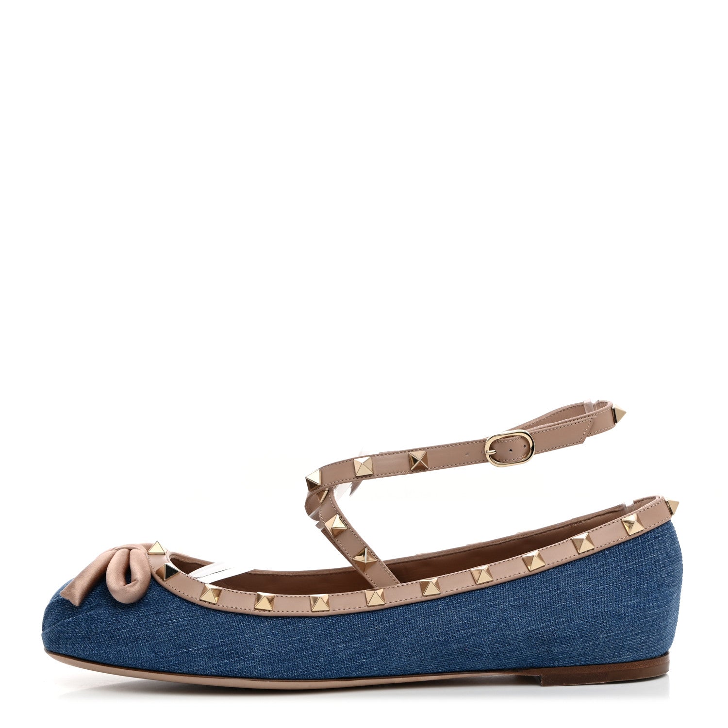 Valentino Garavani Denim Rockstud Bow Ankle Strap Ballerina Flats 41.5 Blue Rose Cannelle 1 of 9