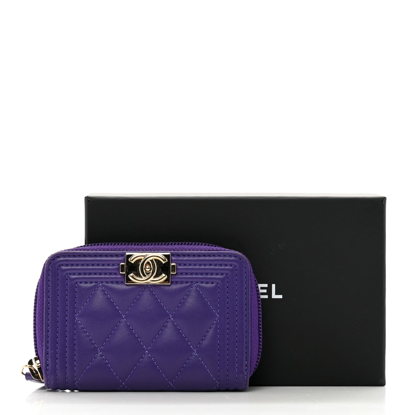Lambskin Quilted Boy Zip Around Coin Purse Wallet Purple
