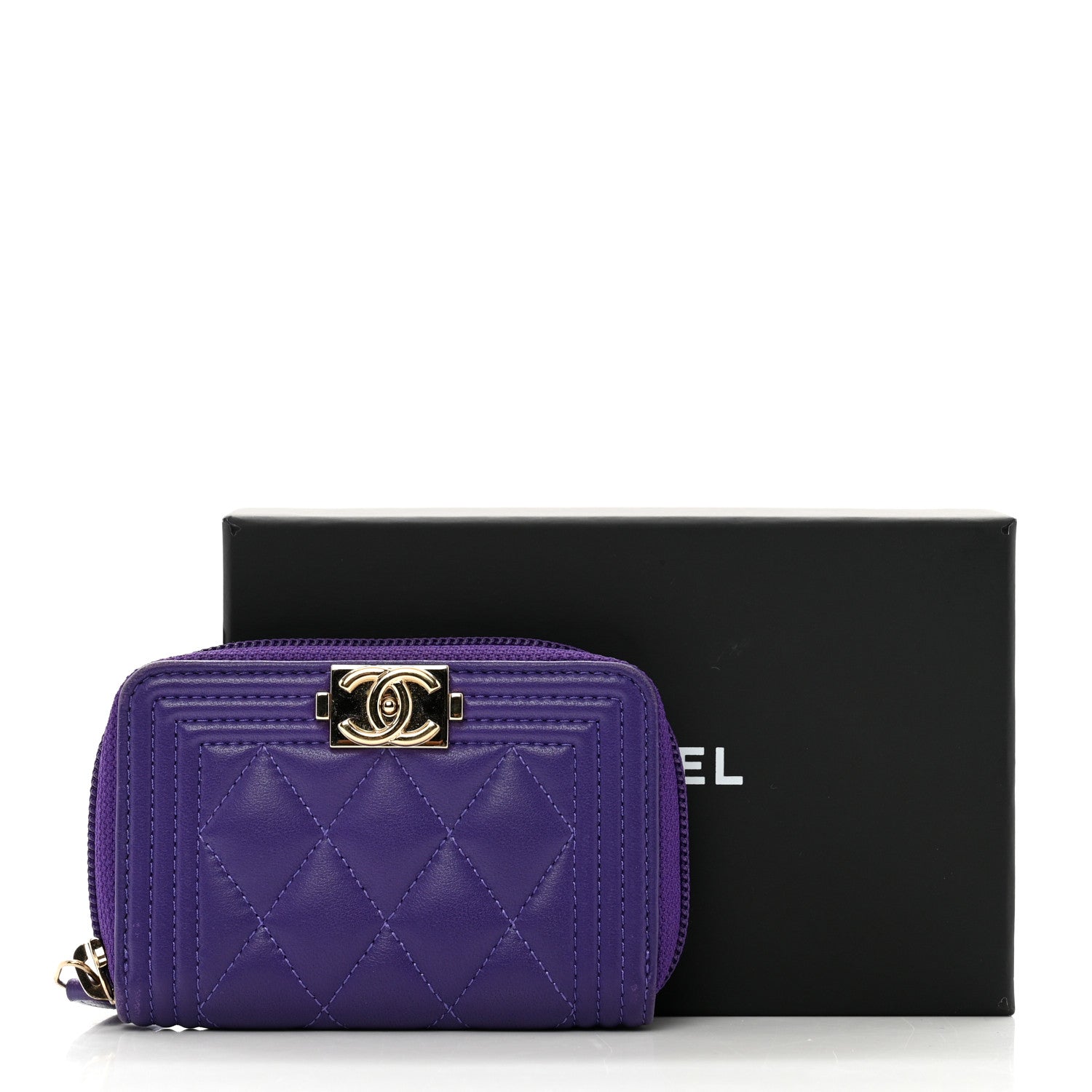 Chanel Lambskin Quilted Boy Zip Around Coin Purse Wallet Purple 8 of 8