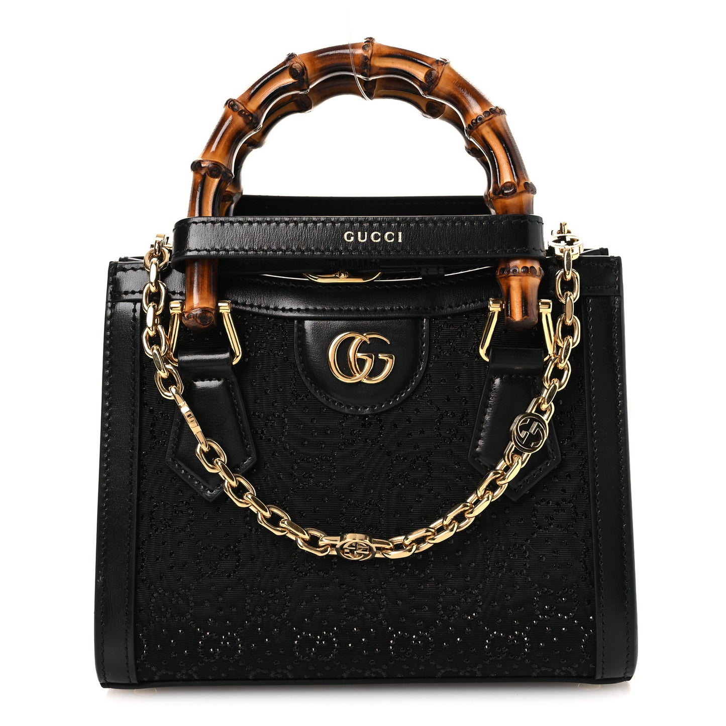 New Canvas Charisma Calfskin Crystal GG Monogram Mini Diana Tote Black