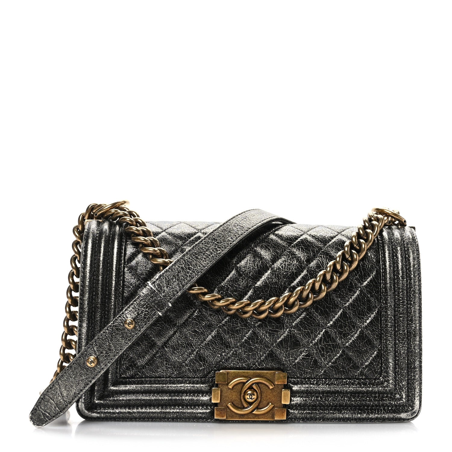 Chanel Cracked Metallic Calfskin Quilted Medium Boy Flap Dark Silver 1 of 9